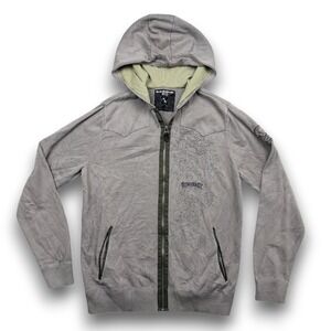 Quiksilver Hoodie Mens M Gray Dragon Graphic Knit Sweater Western Yoke Full Zip
